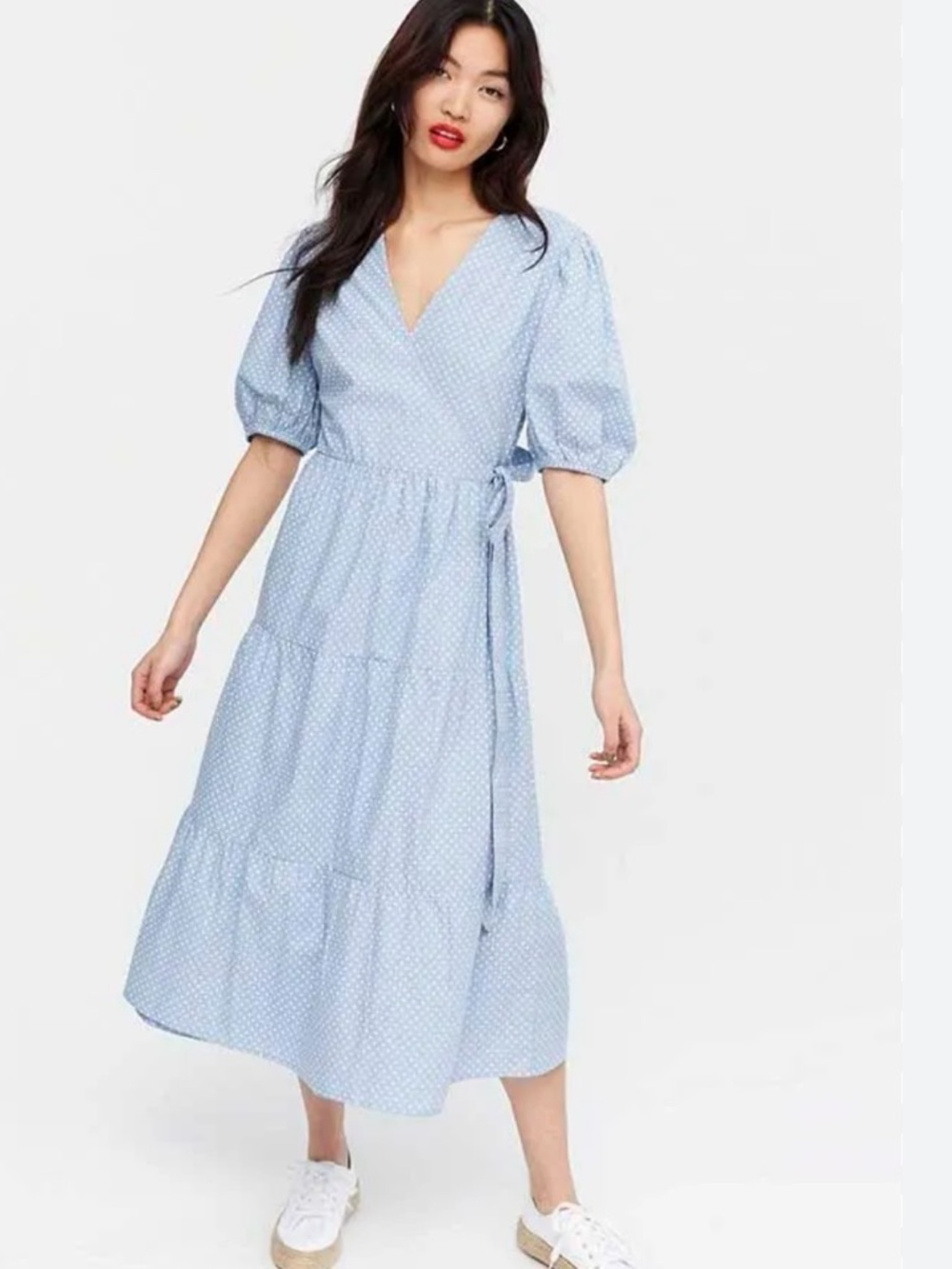 Women’s Blue White Polka Dot Puff Sleeve Maxi Wrap Dress Size 16 Coastal Cowgirl